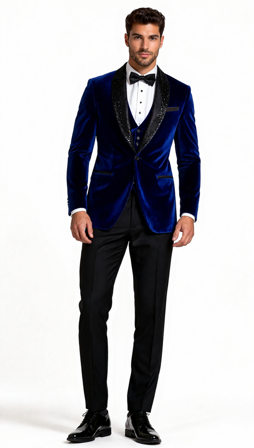 Mens Designer Velvet Tuxedo in Navy-Dinner Jacket $169