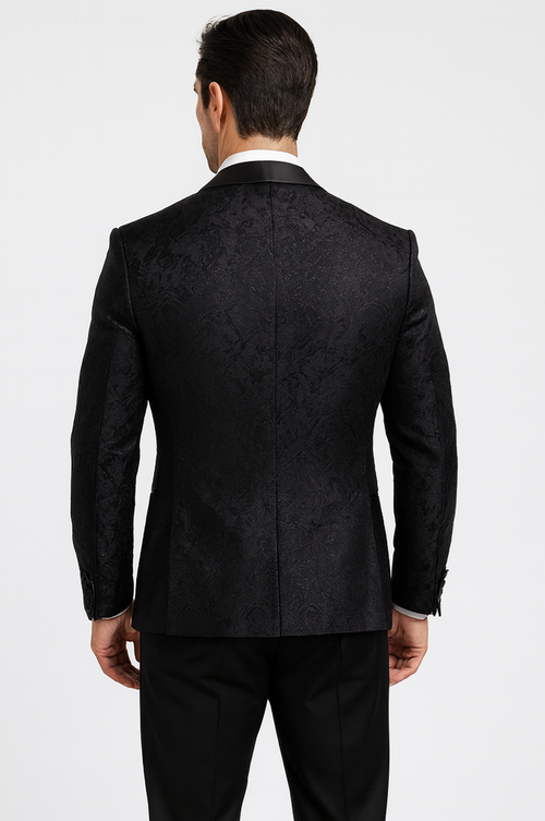 Elegant black floral lace tuxedo. Fitted silhouette with a subtle sheen, pointed collar, and structured shoulders. Perfect for formal events.