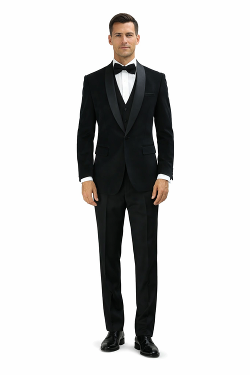 Men's Designer Vested Velvet Wedding & Prom Tuxed in Black