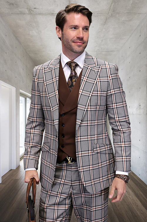 Marc Darcy Wedding Suits Men's Designer Vested Wide Peak Lapel Houndstooth Plaid Suit in Tan