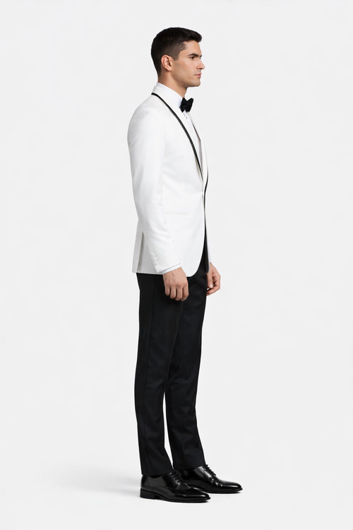 Mens Designer White & Black Trimmed Traditional Dinner Jacket Tuxedo