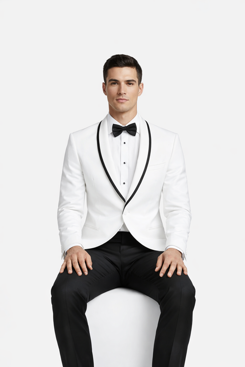 Mens Designer White & Black Trimmed Traditional Dinner Jacket Tuxedo