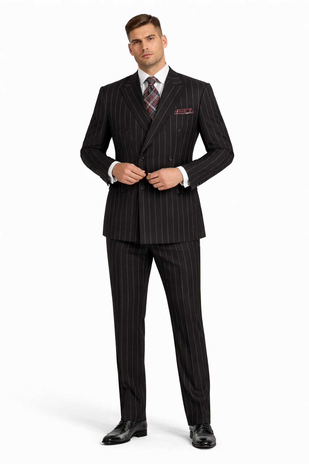 Mens Double Breasted 1920's Wide Bold Gangster Pinstripe Suit in Black