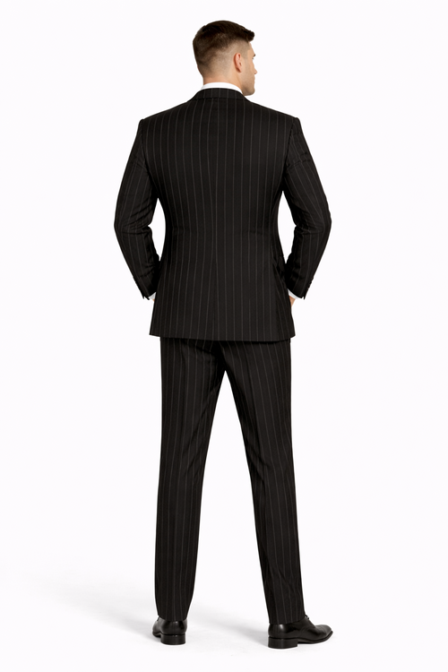Mens Double Breasted 1920's Wide Bold Gangster Pinstripe Suit in Black