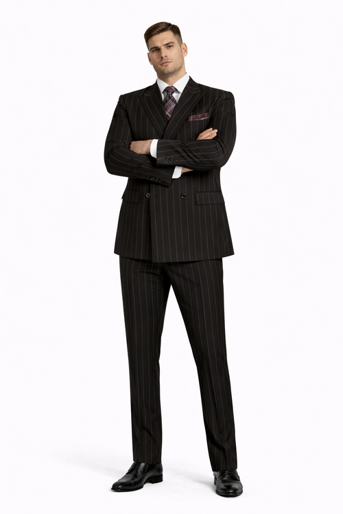 Mens Double Breasted 1920's Wide Bold Gangster Pinstripe Suit in Black