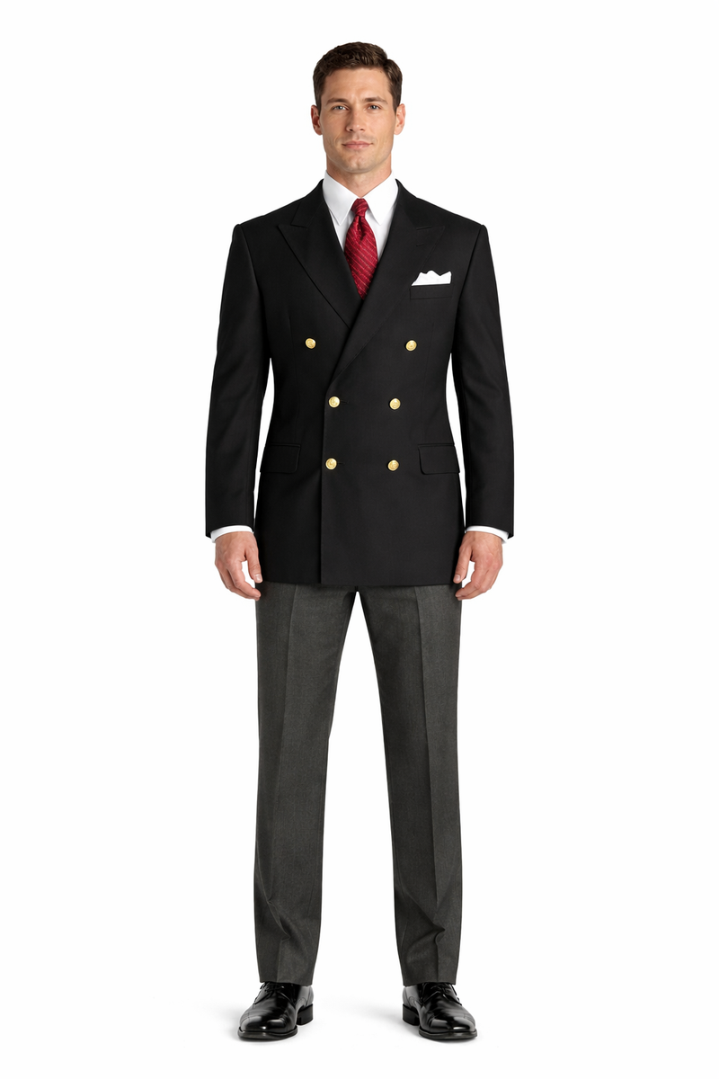 Mens Double Breasted Blazer With Gold Buttons in Black or Navy in 100% Wool Fabric