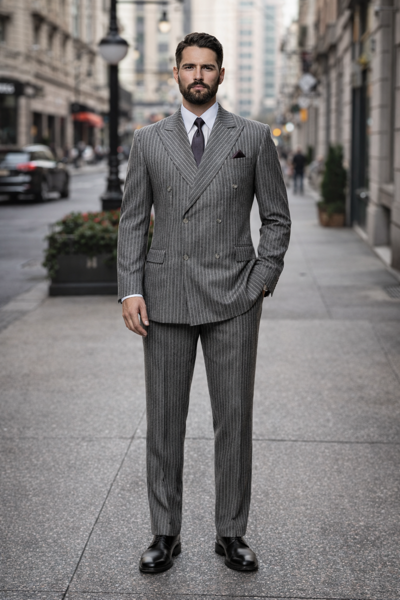 Mens Double Breasted |Gomez Addam | Addams Family Costume in Charcoal Grey Pinstripe