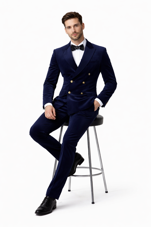 Mens Double Breasted Velvet Blazer - Blue blazer