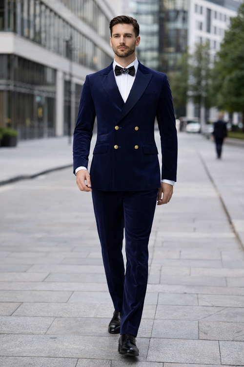 Mens Double Breasted Velvet Blazer - Blue blazer