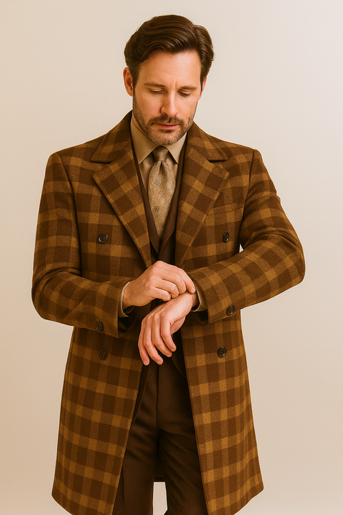 "Men's Double Breasted Wool Overcoat - Full Length, Belted, Brown Windowpane"