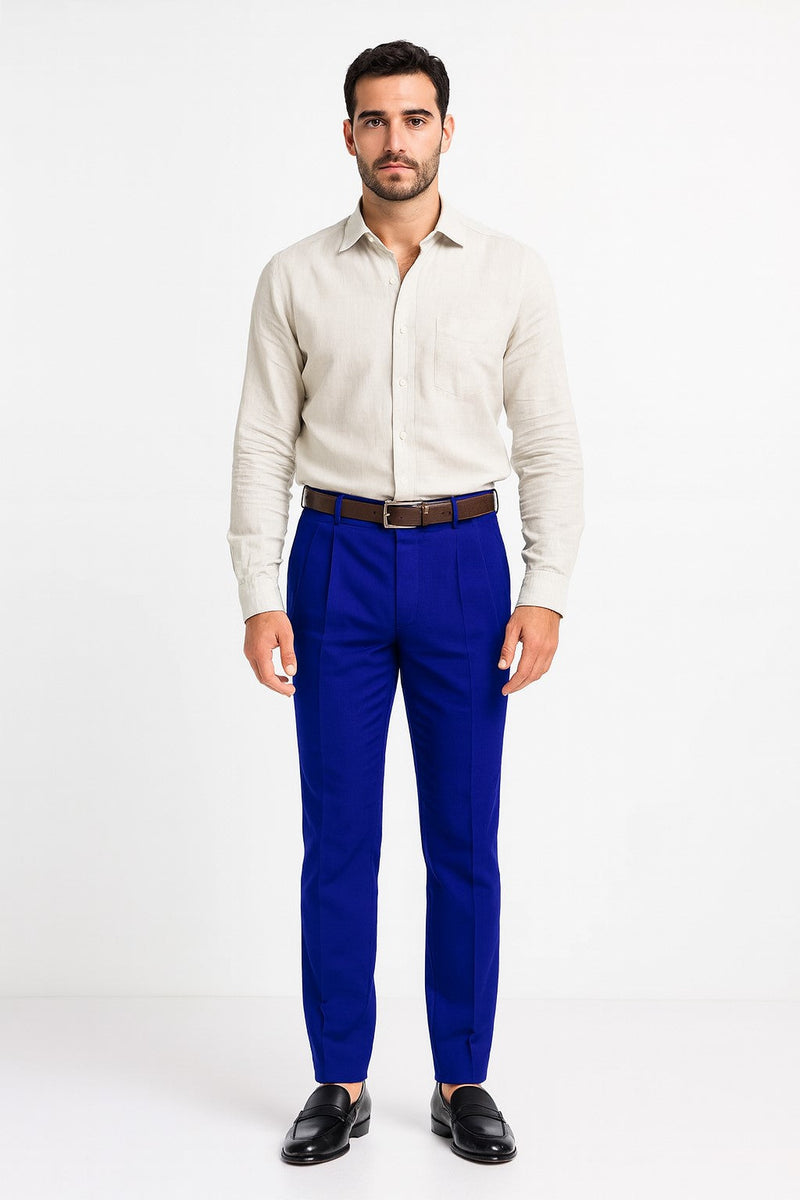 Mens Double Pleated Trousers - Double Pleated Dress Pants - Slacks Royal Blue