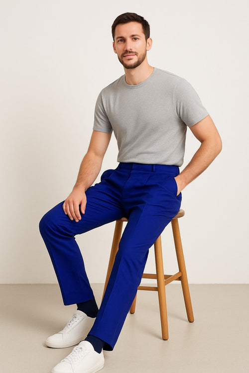 Mens Double Pleated Trousers - Double Pleated Dress Pants - Slacks Royal Blue