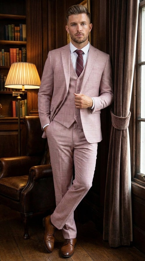Mens Dusty Rose Three Piece Plaid Suit – Pink Check Wedding and Business Formal Suit Set Windowpane Pattern
