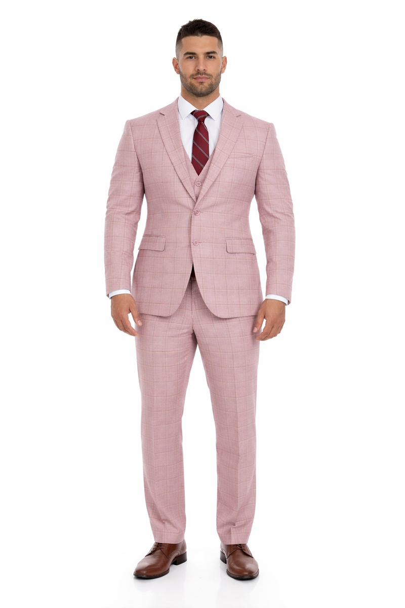 Mens Dusty Rose Three Piece Plaid Suit – Pink Check Wedding and Business Formal Suit Set Windowpane Pattern