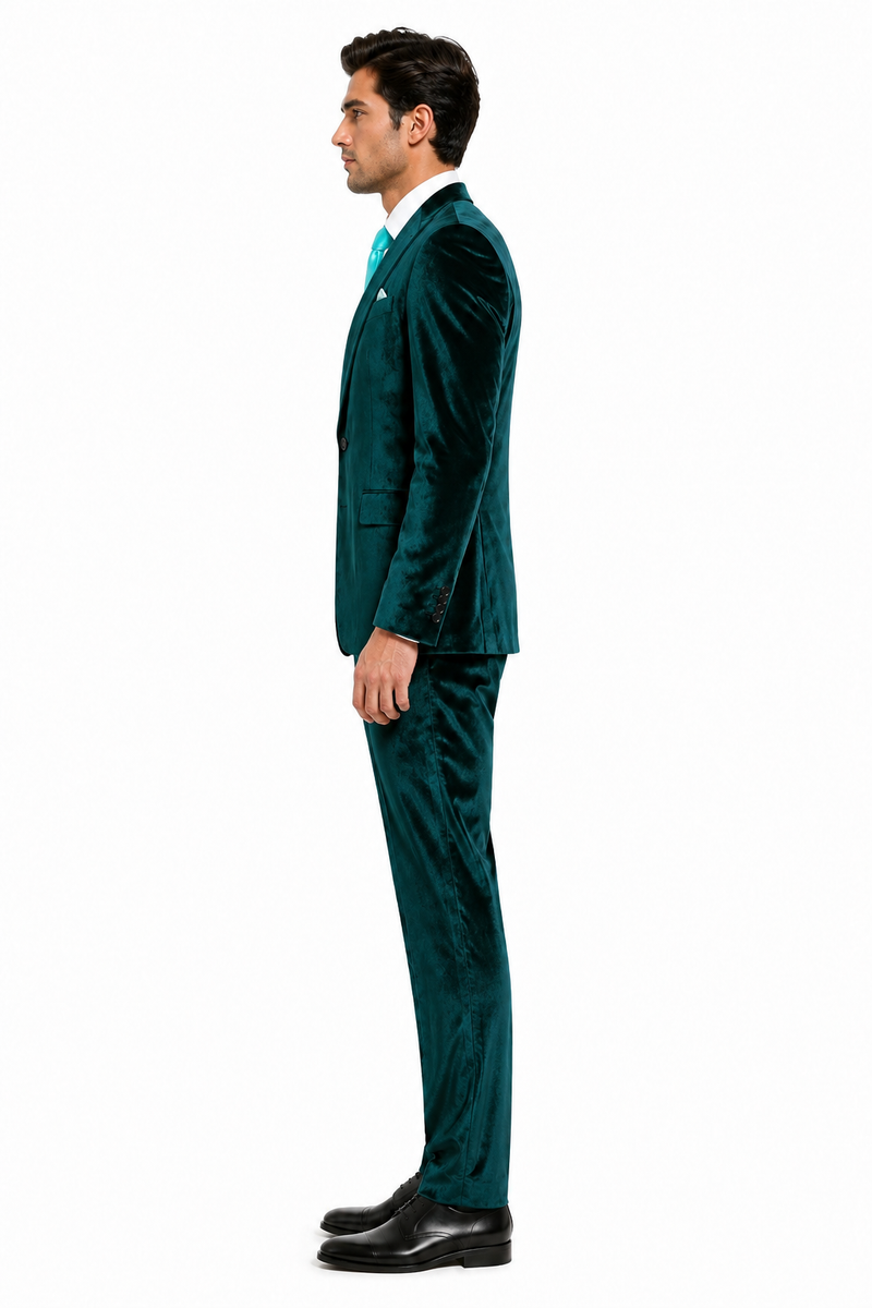Mens Emerald Green Teal Blue Velvet Suit – Luxury Two Piece Formal Evening Suit