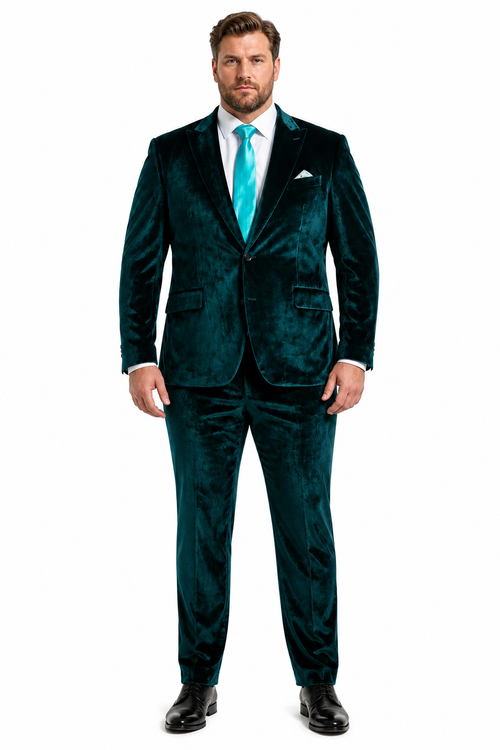 Mens Emerald Green Teal Blue Velvet Suit – Luxury Two Piece Formal Evening Suit