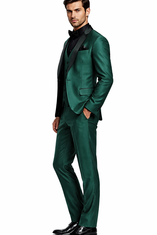 Mens Emerald Green Tuxedo with Black Satin Shawl Lapel 3 Piece Formal Suit with Vest