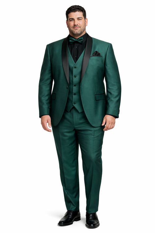 Mens Emerald Green Tuxedo with Black Satin Shawl Lapel 3 Piece Formal Suit with Vest