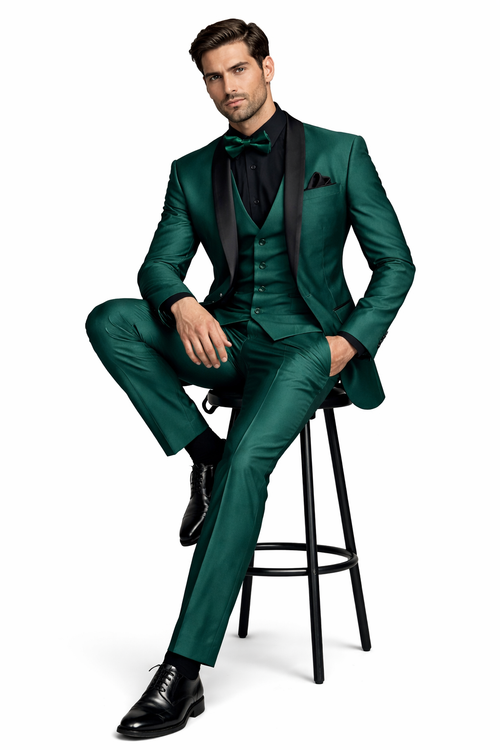 Mens Emerald Green Tuxedo with Black Satin Shawl Lapel 3 Piece Formal Suit with Vest