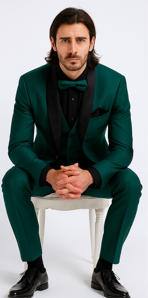 Mens Emerald Green Tuxedo with Black Satin Shawl Lapel – 3 Piece Formal Suit with Vest