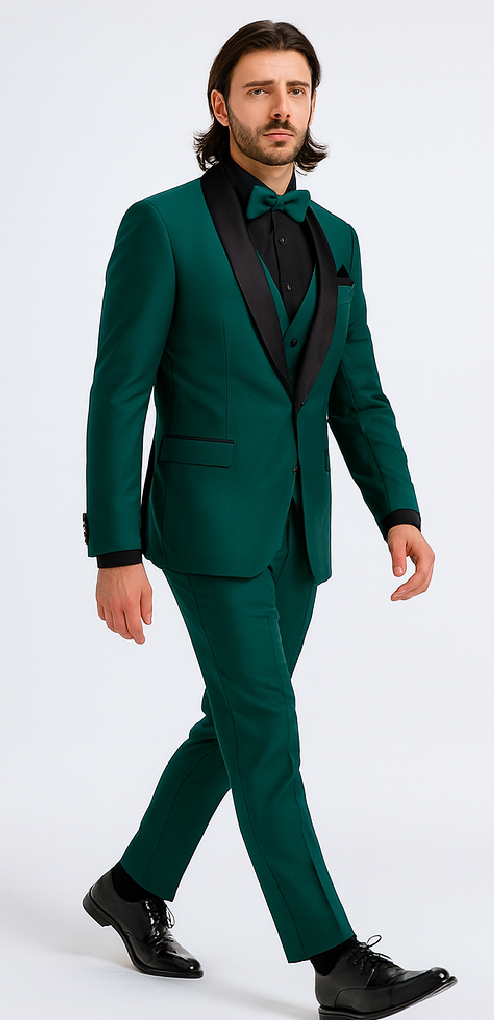Mens Emerald Green Tuxedo with Black Satin Shawl Lapel – 3 Piece Formal Suit with Vest