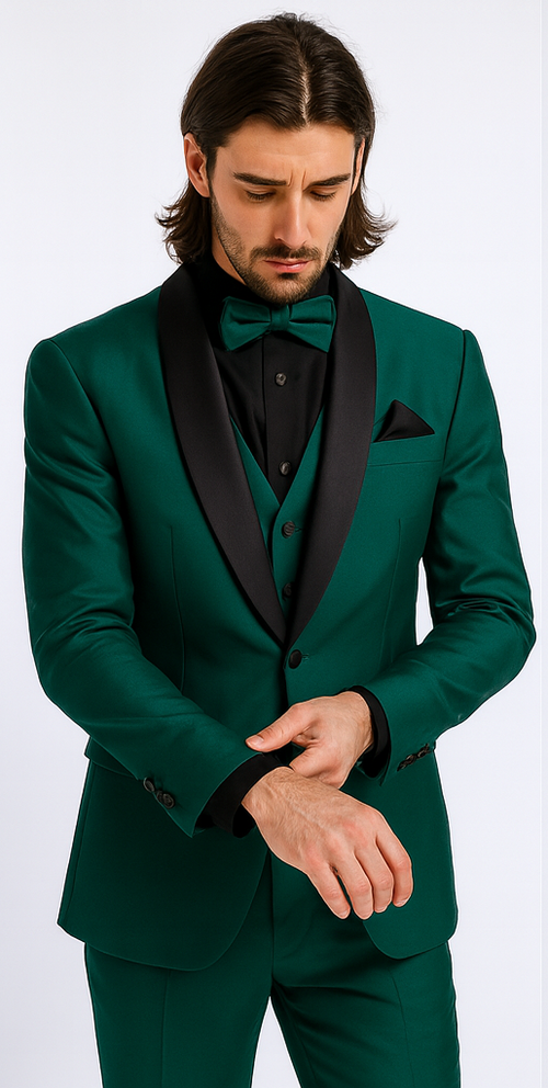 Mens Emerald Green Tuxedo with Black Satin Shawl Lapel – 3 Piece Formal Suit with Vest
