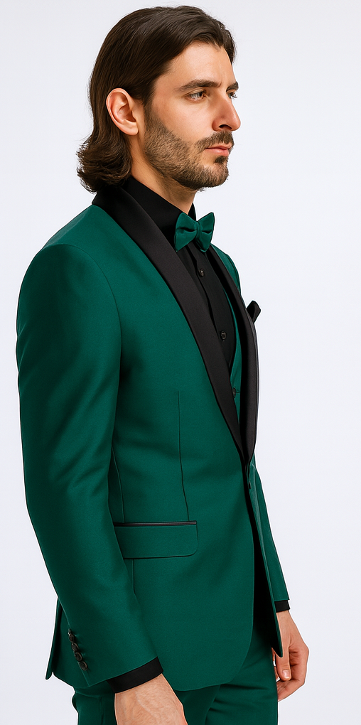 Mens Emerald Green Tuxedo with Black Satin Shawl Lapel – 3 Piece Formal Suit with Vest