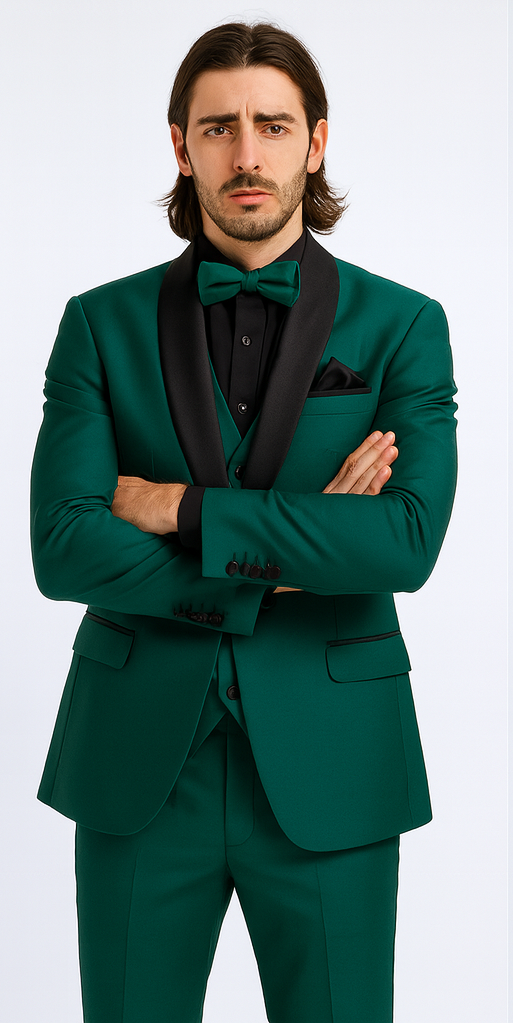 Mens Emerald Green Tuxedo with Black Satin Shawl Lapel – 3 Piece Formal Suit with Vest