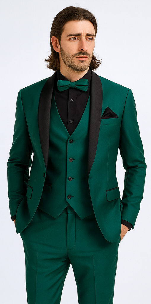 Mens Emerald Green Tuxedo with Black Satin Shawl Lapel – 3 Piece Formal Suit with Vest