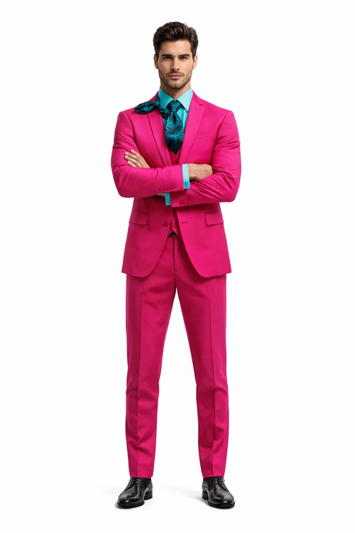 Men's Fuchsia Hot Pink Color 2 Buttons Suit Vested Slim Fit Suit