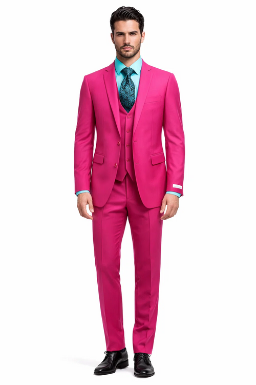Men's Fuchsia Hot Pink Color 2 Buttons Suit Vested Slim Fit Suit