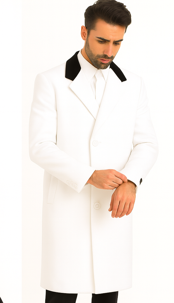 Mens Full Length Wool and Cashmere Overcoat - Winter Topcoats - White
