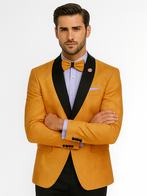Textured gold tuxedo jacket, black satin lapels & buttons. Light purple shirt, matching bow tie. Slim-fit silhouette for a stylish look.