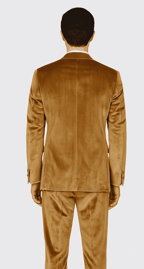 Tazzio men's gold velvet formal suit: two-piece with peak lapel. Slim fit, soft, shiny velvet. Jacket: single back seam, button cuffs. Trousers: matching gold velvet, tailored fit.