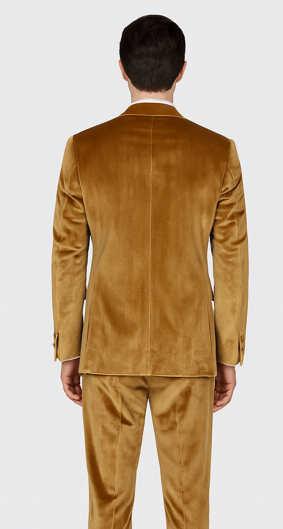 Tazzio Men’s Formal Gold Velvet Suit – Designer 2-Piece Peak Lapel Slim Fit
