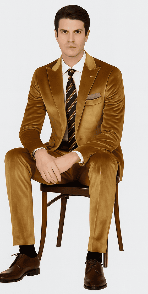 Tazzio men's gold velvet formal suit. Slim fit, peak lapel, two-piece. Soft gold velvet fabric. Jacket with a single breast pocket. Includes a black and gold striped tie and brown dress shoes.