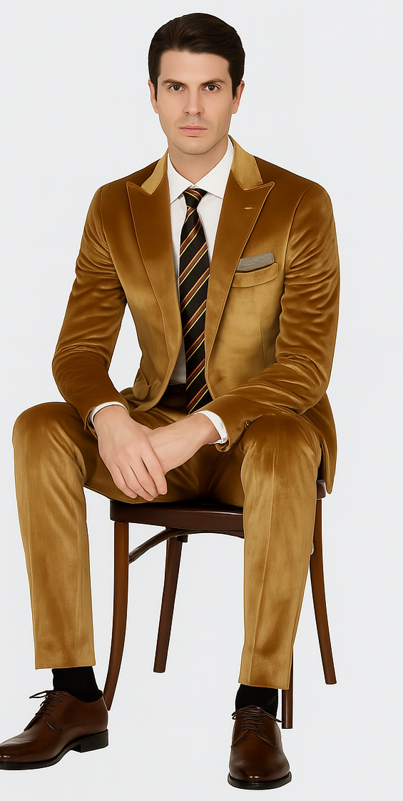 Tazzio Men’s Formal Gold Velvet Suit – Designer 2-Piece Peak Lapel Slim Fit