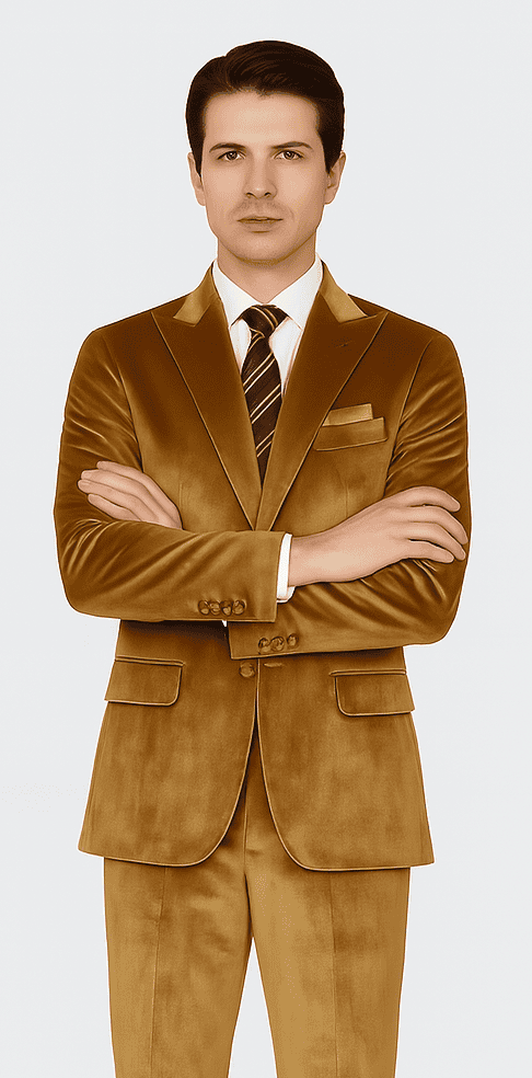 Tazzio men's gold velvet suit: two-piece, slim fit, peak lapel. Soft velvet, gold color, smooth texture. Jacket: button closure, two pockets. Tailored trousers match.