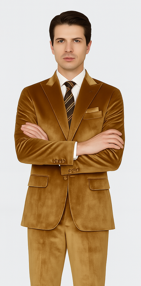 Tazzio Men’s Formal Gold Velvet Suit – Designer 2-Piece Peak Lapel Slim Fit