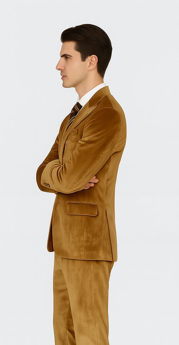 Tazzio men's gold velvet formal suit: Slim-fit, two-piece with peak lapel. Single-button closure, one front pocket. Matching tailored trousers. Smooth velvet material.