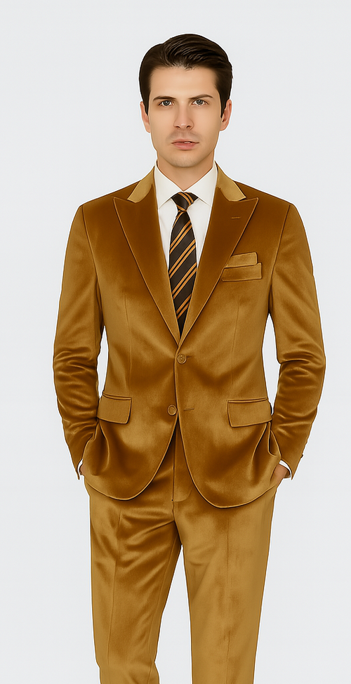 Tazzio men's gold velvet formal suit: two-piece, peak lapel, slim fit. Smooth velvet, solid gold color. Jacket: two-button, side pockets. Matching tailored trousers. Refined silhouette.