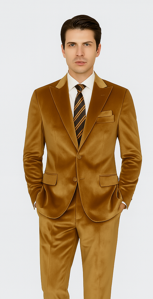 Tazzio men's gold velvet formal suit: two-piece, peak lapel, slim fit. Smooth velvet, solid gold color. Jacket: two-button, side pockets. Matching tailored trousers. Refined silhouette.