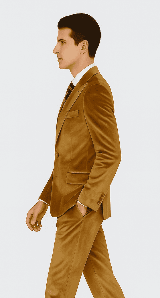 Tazzio men's gold velvet formal suit: two-piece, peak lapel, slim fit. Soft velvet, gold color. Jacket: chest/front pockets, 2-button closure. Trousers: straight leg.