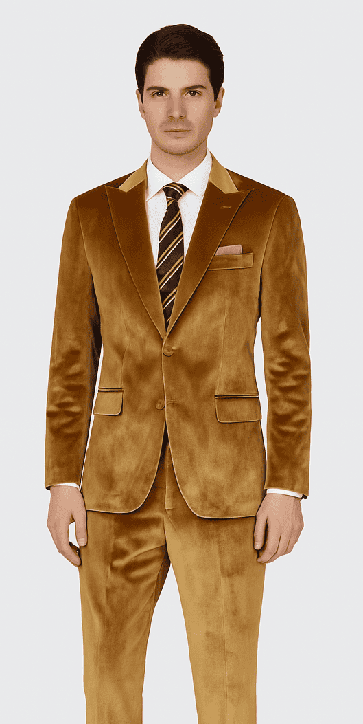 Tazzio men's formal suit in gold velvet. Two-piece, slim fit with peak lapel. Single-breasted jacket, two pockets. Matching trousers. Rich golden color, smooth, lustrous finish.