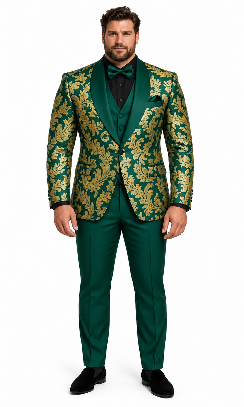 Mens Green and Gold Embroidered Tuxedo – 3-Piece Prom Suit