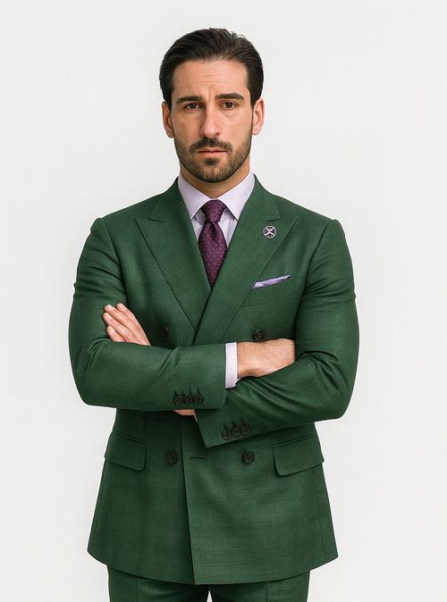 Classic men's green suit. Double-breasted design with textured fabric, dark buttons, and a lavender shirt. Luxurious and stylish.