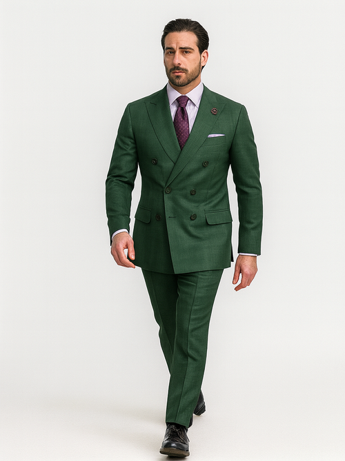 Men's luxury double-breasted suit in rich green textured fabric. Peaked lapel, double-row buttons. Tailored fit trousers for a classic, sophisticated look.