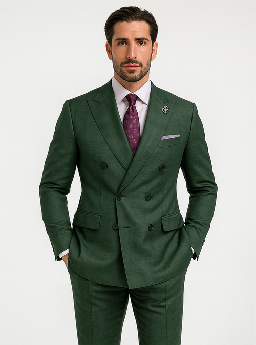 Classic men's green luxury suit with double-breasted jacket, textured fabric, subtle check. Features notched lapel, front pockets. Paired with light shirt, purple tie, and pocket square, tailored for structure.