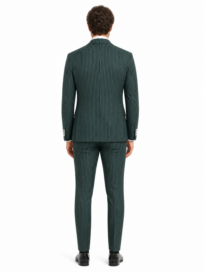 Mens Green Pinstripe Double-Breasted Suit Slim Fit 2 Piece Formal Business Suit with Peak Lapel 1920s Gangster Pinstripe