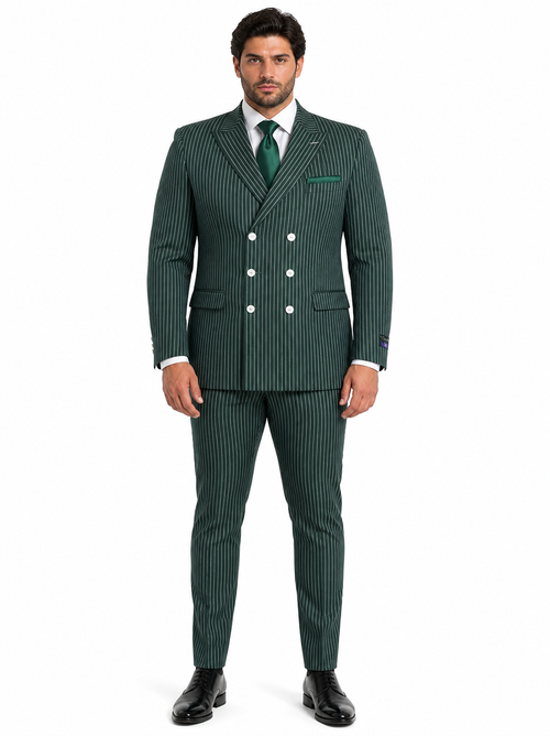 Mens Green Pinstripe Double-Breasted Suit Slim Fit 2 Piece Formal Business Suit with Peak Lapel 1920s Gangster Pinstripe